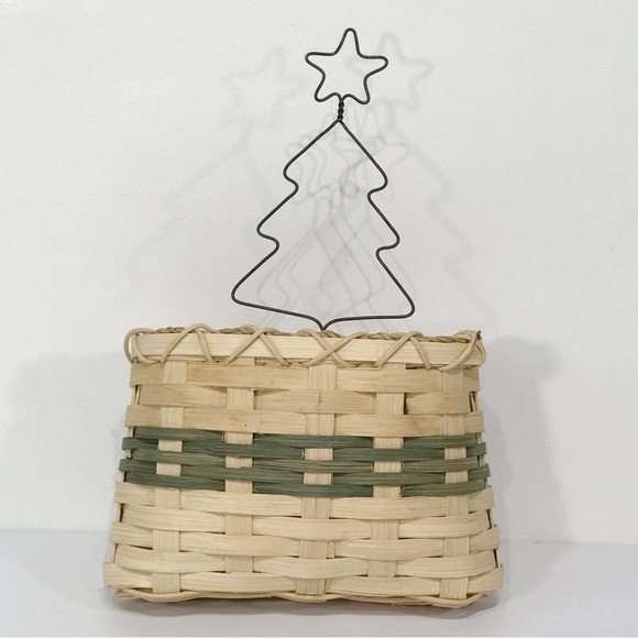 Vintage Other - Vintage Signed Folk Art Wall Hanging Pocket Woven Wicker Basket Christmas Tree